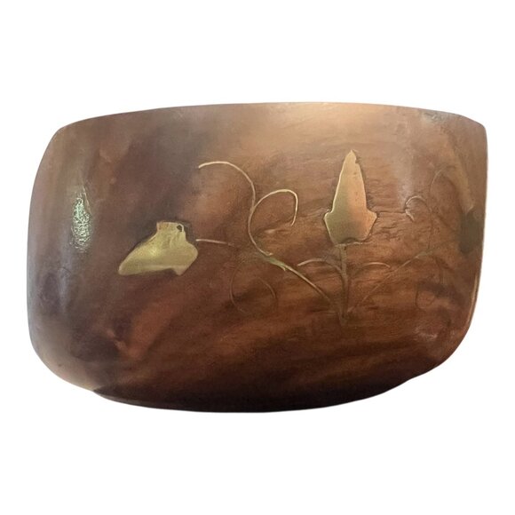 Vtg Teak Wood Coaster Set Brass Inlay Caddy & Hand-Carved Coasters 3 3/8" India - Picture 3 of 14